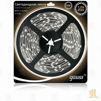 Cветодиодная лента GAUSS 5050/30-SMD 7.2W  12V DC (311000107) теплый белый  IP66 (блистер 5м)