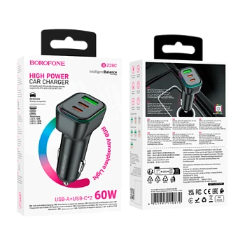 Автомобильное З/У Borofone BZ28 1USB+2Type-C 60W QC3.0 черный (1/37/148)
