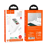 Сетевое З/У HOCO C100A 1USB/Type-C 3.0A 20W QC3.0 дисплей белый (1/13/130) 
