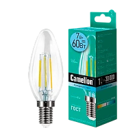 Лампа светодиодная филамент Camelion C35 E14 7W 4500К 172-265V свеча прозрачная (1/10/100)
