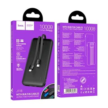 Внешний аккумулятор HOCO J118 10000mAh 2.0A 3USB индикация с кабелем Lightning/Type-C черный (1/52)