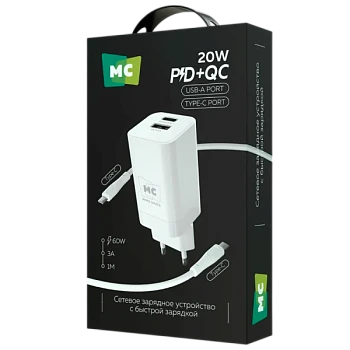Сетевое З/У MORE CHOICE NC85a 1USB+1Type-C 3.0A PD20W с кабелем Type-C/Type-C белый