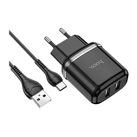 Сетевое З/У HOCO N4 2USB 2.4A с кабелем Type-C черный (1/12/120) 