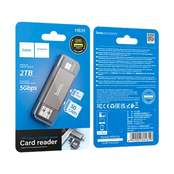 Картридер HOCO HB39 USB3.0 SD USB (m)/Type-C серый