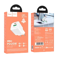 Сетевое З/У HOCO N65 1USB+1Type-C 20W PD,QC белый (1/13/130)
