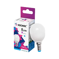 Лампа светодиодная Космос GL45 E14 8.5W 6500К 220V шар матовая (1/10/80)