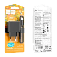 Сетевое З/У HOCO CS14A 1USB+1Type-C 20W PD,QC,FCP,AFC с кабелем Type-C-Lightning черный (1/28/168)