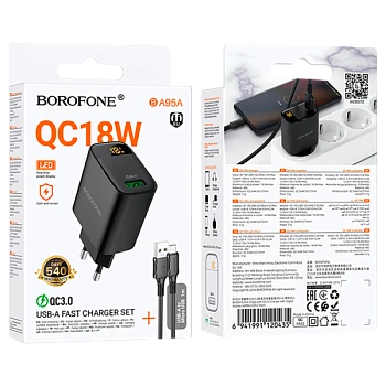 Сетевое З/У Borofone BA95A 1USB 18W QC3.0 дисплей с кабелем microUSB черный (1/46/184)