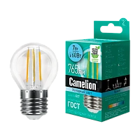 Лампа светодиодная филамент Camelion G45 E27 7W 4500К 207-244V шар прозрачная (1/10/100)