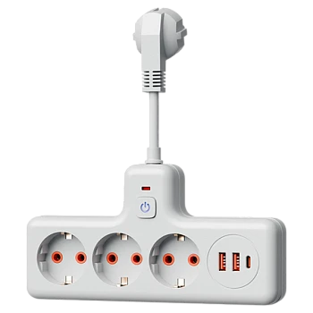 Сетевой фильтр Космос Компакт 3р.С/З 10A 0.3м 2USB+Type-C ПВС 3x1мм² с выкл. белый (1/40)