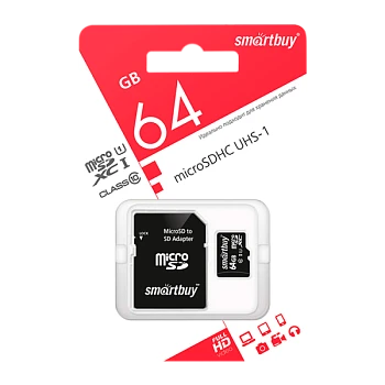 Карта памяти microSD Smartbuy 64GB Class10 UHS-I (U1) 60 МБ/сек с адаптером