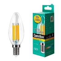Лампа светодиодная филамент Camelion C35 E14 12W 3000К 207-244V свеча прозрачная (1/10/100)