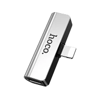 Переходник AUX HOCO LS25 Jack 3.5mm (f)-Lightning (m)/Lightning (f) пластик серебряный (1/31/310)