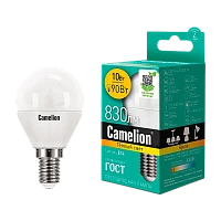 Лампа светодиодная Camelion G45 E14 10W 3000К 170-265V шар матовая (1/10/100)
