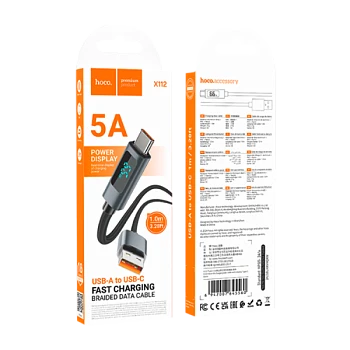 Кабель HOCO X112 USB (m)-Type-C (m) 1м 5.0A нейлон дисплей черный (1/31/310)
