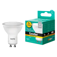 Лампа светодиодная Camelion GU10 8W 3000К 220V софит матовая (1/5/100)