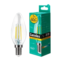 Лампа светодиодная филамент Camelion C35 E14 7W 3000К 207-244V свеча прозрачная (1/10/100)