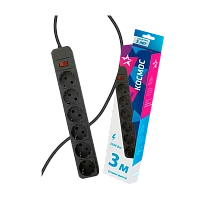 Сетевой фильтр Космос 6р.С/З 16A 3.0м ПВС 3x1мм² с выкл. черный (1/20)