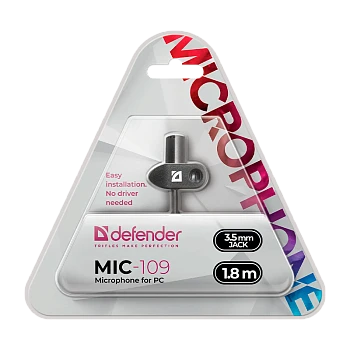 Микрофон Defender MIC-109 конденсаторный 54 дБ 1.8м на прищепке черный (1/50) 