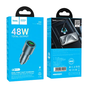 Автомобильное З/У HOCO Z60 1USB+1Type-C 48W QC3.0 / PD3 серый (1/13/130)