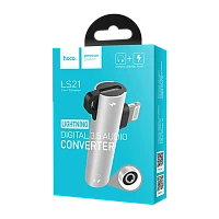 Переходник AUX HOCO LS21 Jack 3.5mm (f)-Lightning (m)/Lightning (f) пластик серебряный (1/30/300)
