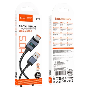 Кабель HOCO X118 USB (m)-Type-C (m) 1м 5.0A нейлон дисплей черный (1/31/310)