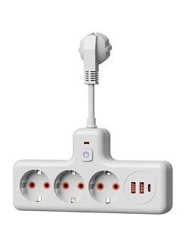 Сетевой фильтр Космос Компакт 3р.С/З 10A 0.3м 2USB+Type-C ПВС 3x1мм² с выкл. белый (1/40)