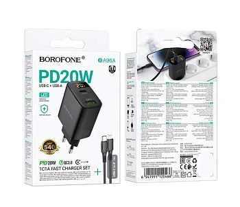 Сетевое З/У Borofone BA96A 1USB+1Type-C 3.0A 20W QC3.0 дисплей с кабелем Type-C-Lightning черный