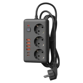 Сетевой фильтр прямоугольный КОСМОС 10A 2500Вт 3м 3 гнезда, выкл, пвс 3х1мм2, черный 4 USB+ 2 USBC