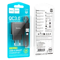Сетевое З/У HOCO C140A 1USB 2.1A 18W QC3.0 с кабелем microUSB черный (1/28/168)