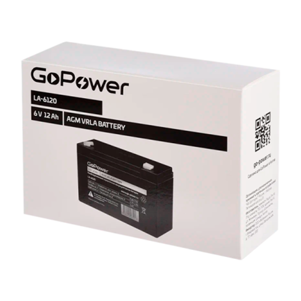 Аккумулятор свинцово-кислотный GoPower LA-6120 6V 12Ah клеммы T2/ F2 в картонной упаковке