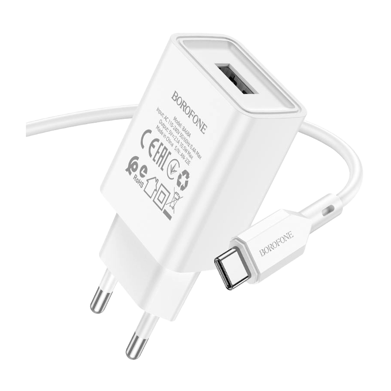 Сетевое З/У Borofone BA68A 1USB Type-C (m) 2.1A белый (1/60/240)