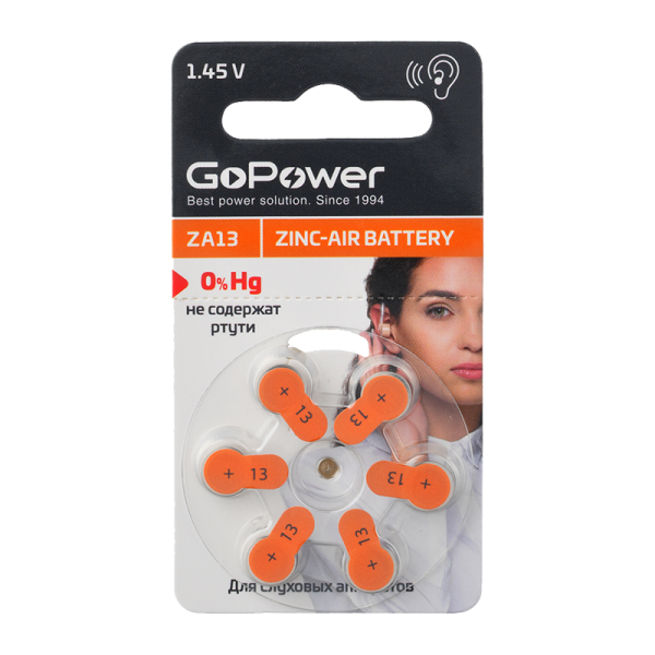 Батарейка GoPower ZA13 BL6 Zinc Air (60WB)
