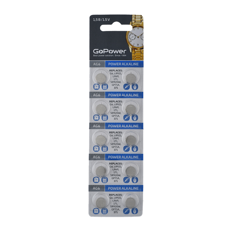 Батарейка GoPower G6/LR920/LR69/371A/171 BL10 Alkaline 1.5V (10/100/3600)