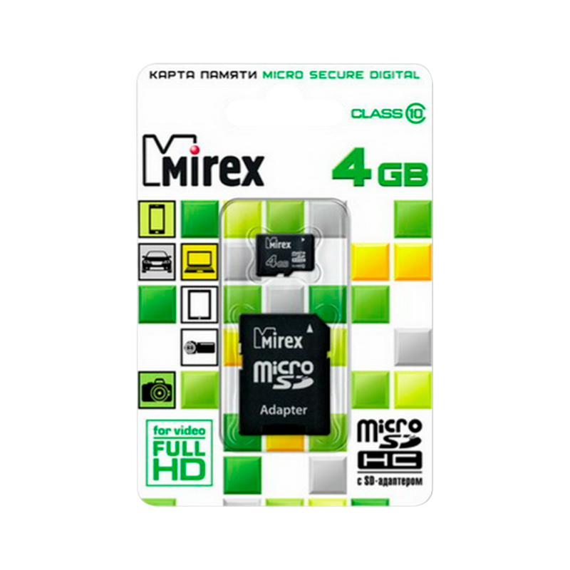 Карта памяти microSD Mirex 4GB Class10 20 МБ/сек с адаптером (1/10)