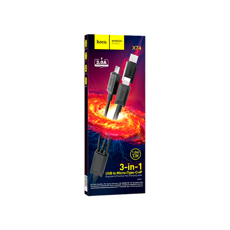 Кабель HOCO X74 USB (m)-2хType-C/Lightning/microUSB (m) 1.0м 2.0A ПВХ черный (1/31/310)