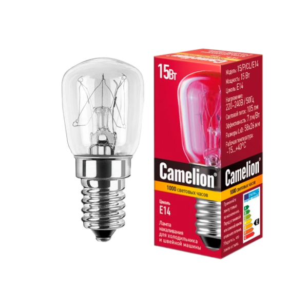 Лампа накаливания Camelion Е14 15W 220-240V цилиндр для холодильников и швейных машин прозрачная (1/