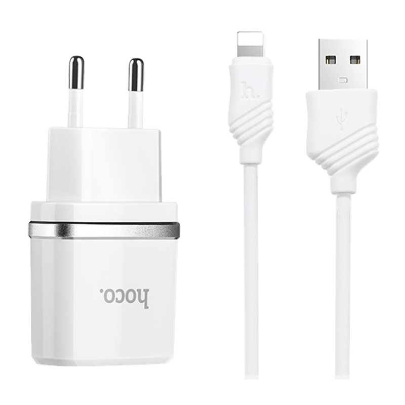 Сетевое З/У HOCO C12 2USB 2.4A с кабелем Lightning белый (1/10/100)