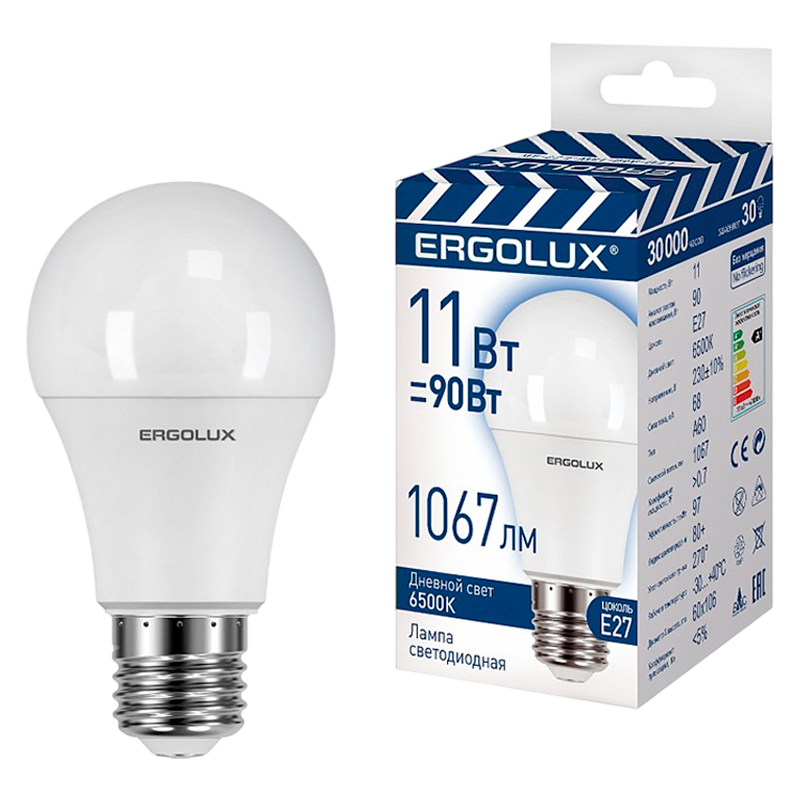 Лампа светодиодная Ergolux A60 E27 11W 6500К 180-240V груша матовая (1/10/100)