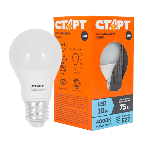 Лампа светодиодная Старт GLS E27 10W 4000К 220V груша Eco матовая (1/10/100)