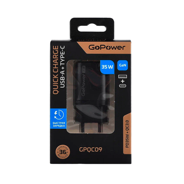Сетевое З/У GoPower GPQC09 1USB+1Type-C 35W QC3.0 GaN черный