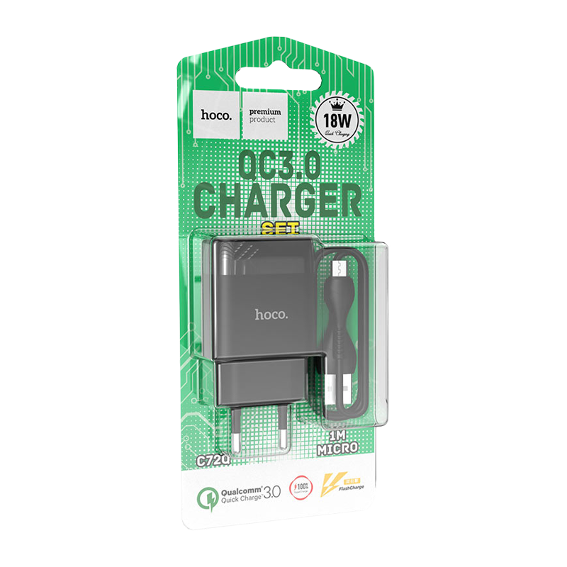 Сетевое З/У HOCO C72Q 1USB 2.4A 18W QC3.0 с кабелем microUSB черный (1/30/180)