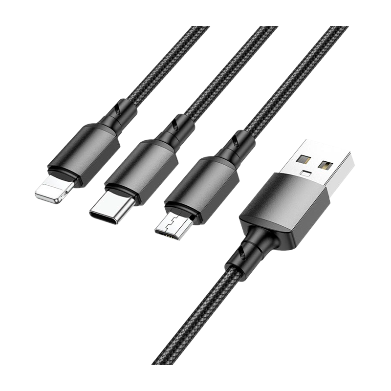 Кабель Borofone BX72 USB (m)-Lightning/Type-C/microUSB (m) 1.0м 2.0A нейлон черный (1/360)