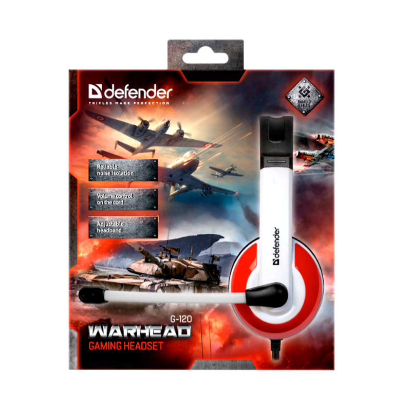 Наушники полноразмерные Defender G-120 Warhead с микр. игровые красный белый (1/28)