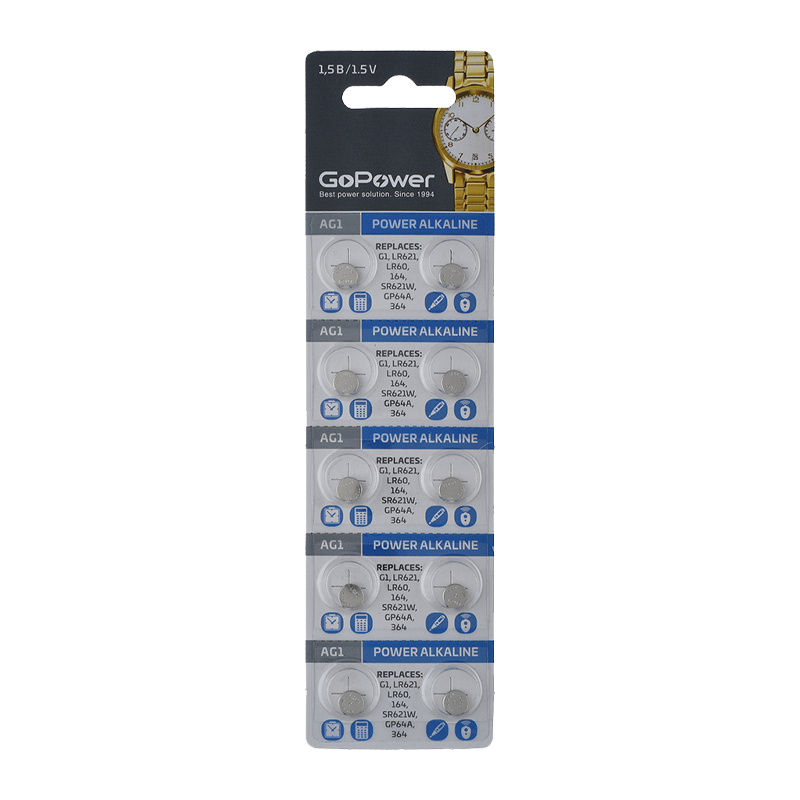 Батарейка GoPower G1/LR621/LR60/364A/164 BL10 Alkaline 1.5V отрывные (10/100/3600)