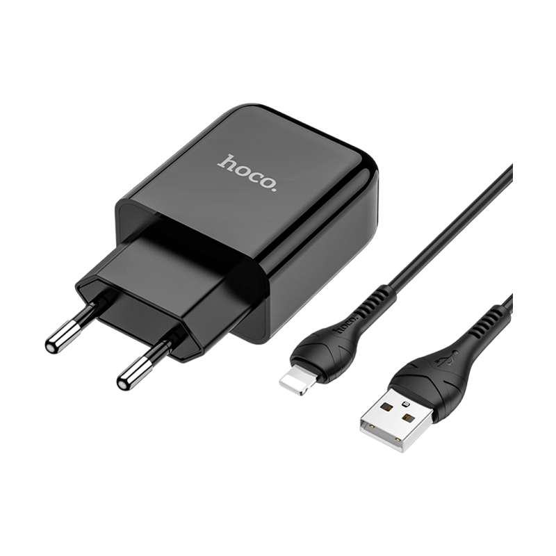 Сетевое З/У HOCO N2 1USB 2.0A с кабелем Lightning черный (1/13/130)
