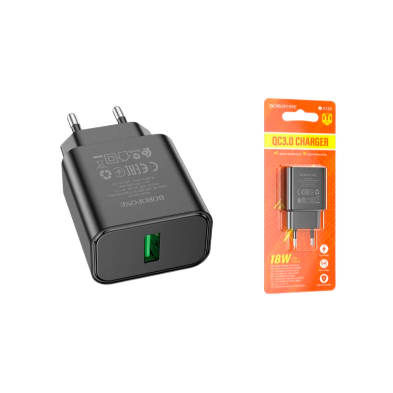 Сетевое З/У Borofone BA72A 1USB 18W QC3.0 черный (1/75/300)