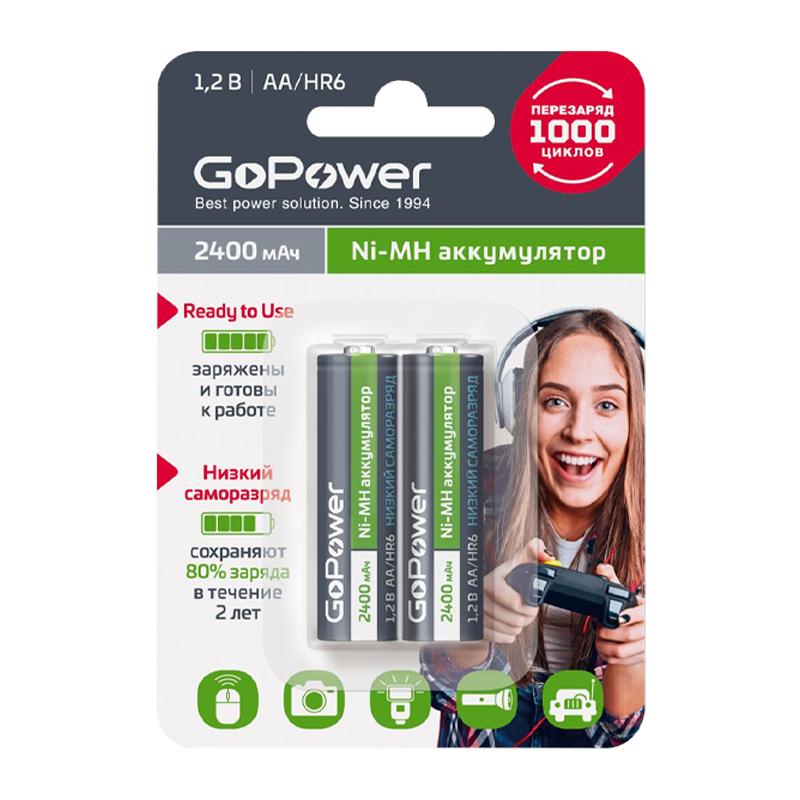 Аккумулятор предзаряженный RTU GoPower HR6 AA BL2 NI-MH 2400mAh (2/20/240)