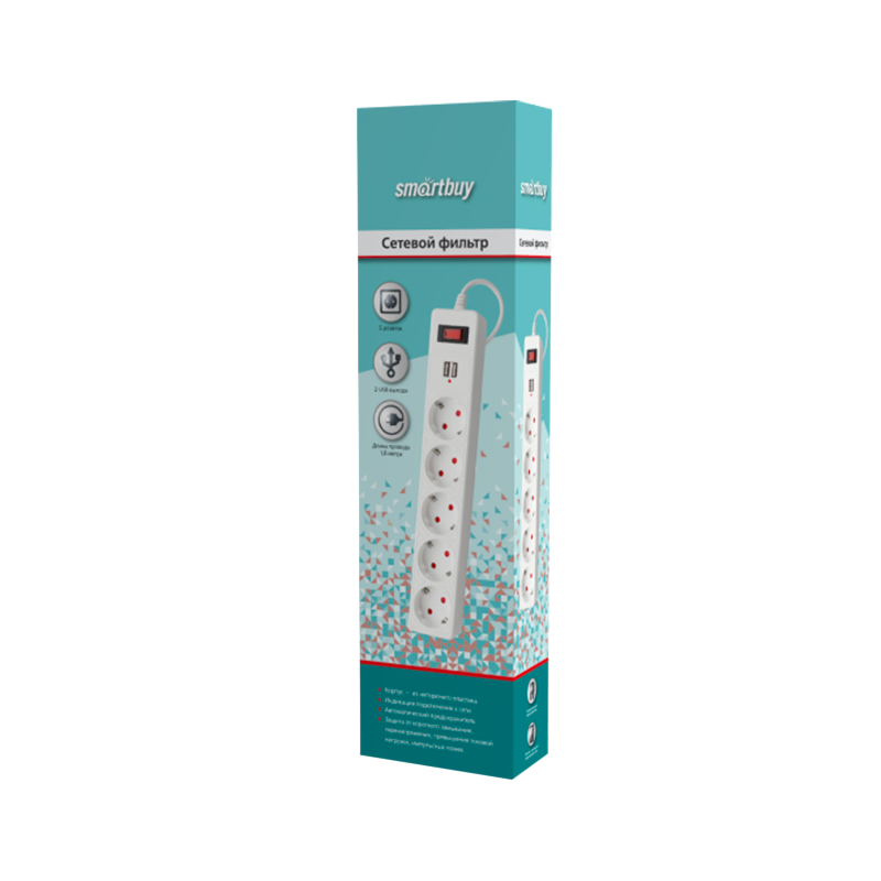Сетевой фильтр Smartbuy SBSP 5р.С/З 10A USB со шторкой 1.8м белый (1/45)