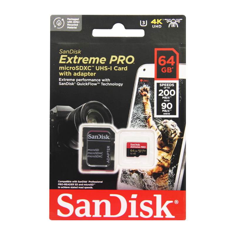 Карта памяти microSD SanDisk Extreme Pro 64GB Class10 A2 UHS-I (U3) 200 МБ/сек CN (Китай) с адаптеро
